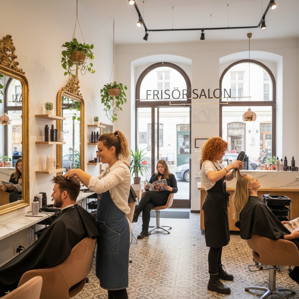In einem hellen Friseursalon bedienen zwei Friseurinnen Kunden an ihren Stühlen, während im Hintergrund eine weitere Kundin sitzt und liest.